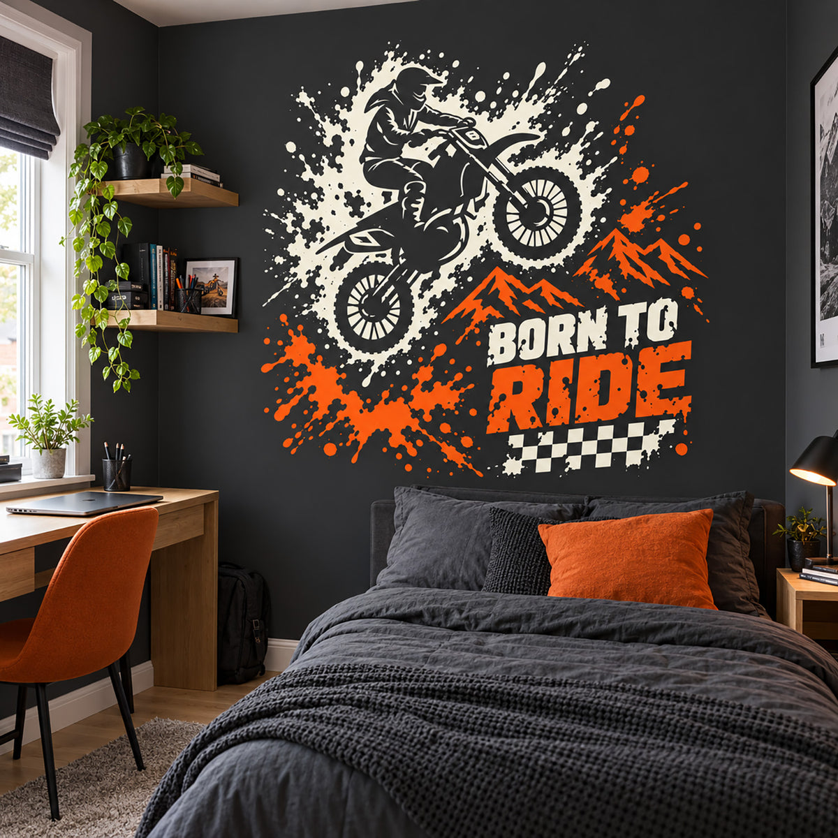 Born to Ride motocross wall sticker in white and orange above a bed on a dark bedroom wall