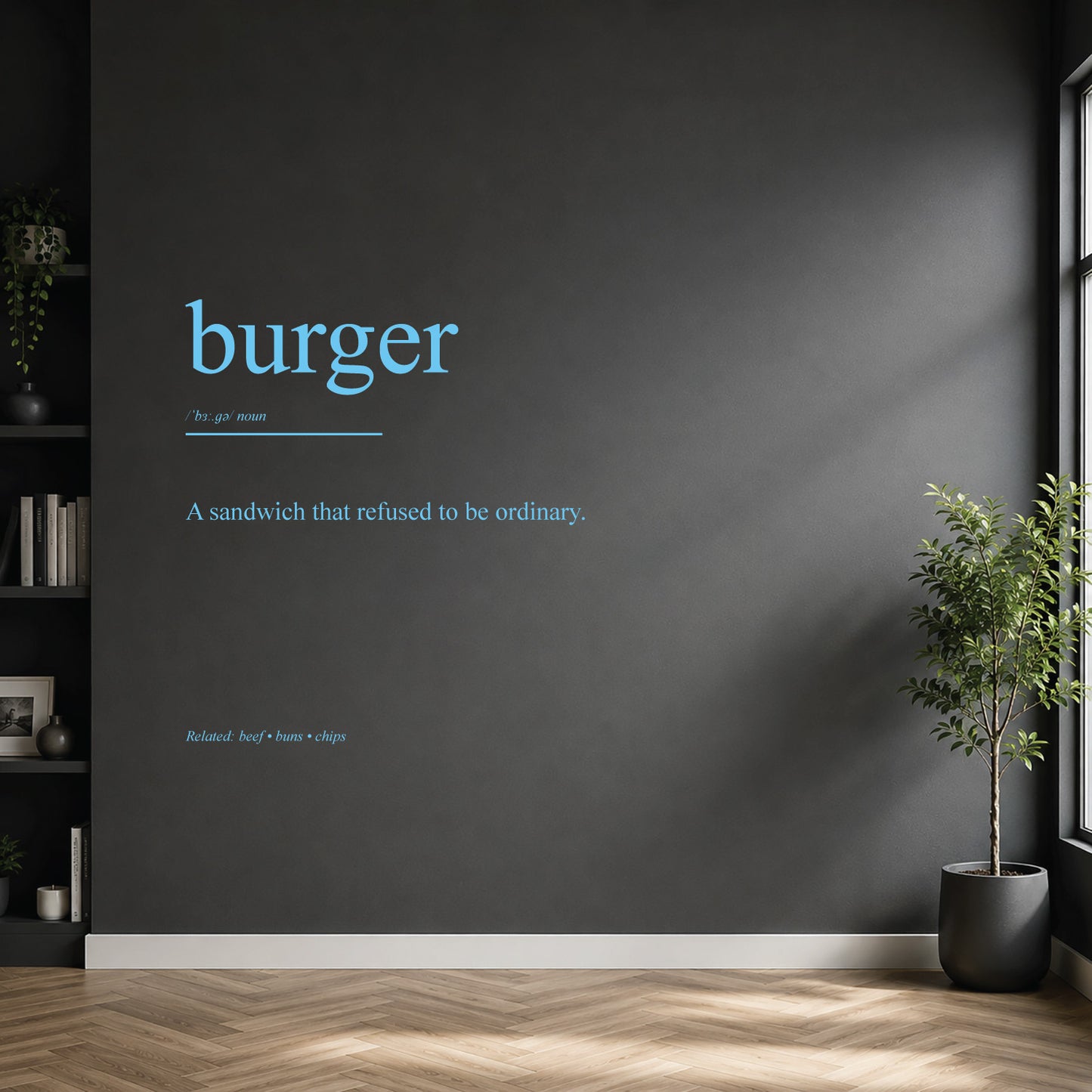 White burger dictionary definition wall sticker on a modern kitchen wall.