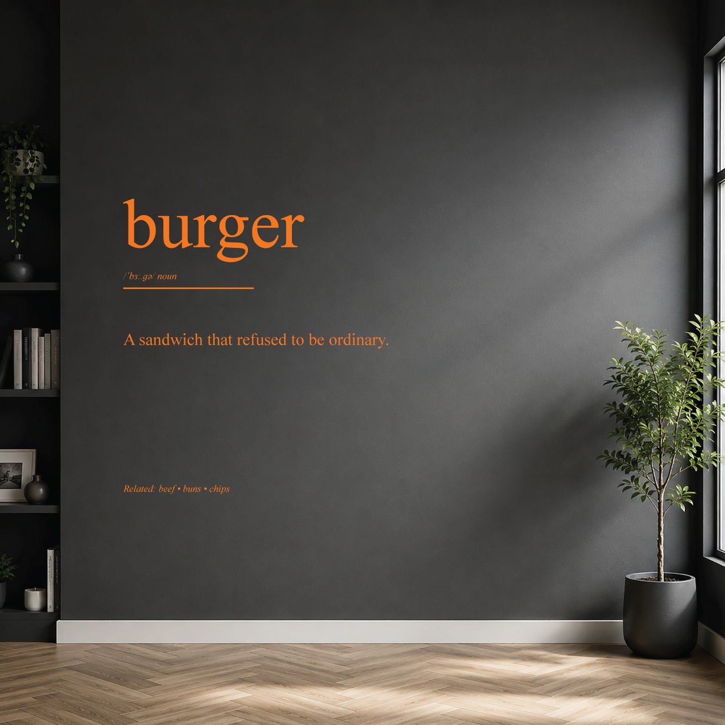 White burger dictionary definition wall sticker on a modern kitchen wall.