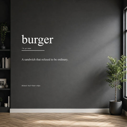 White burger dictionary definition wall sticker on a modern kitchen wall.