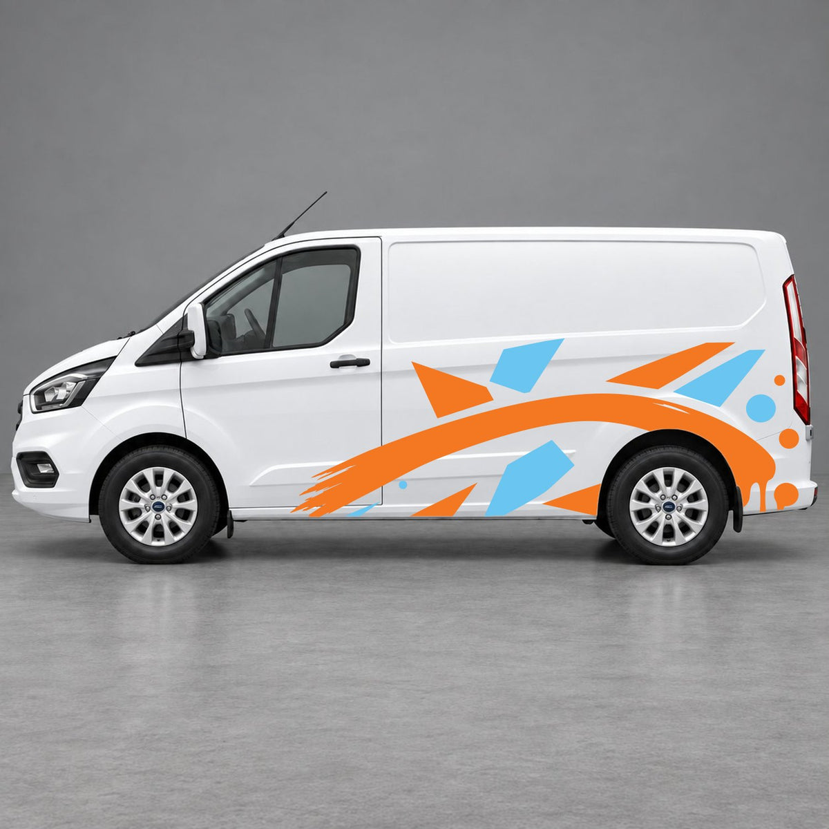Ford Transit Custom Abstract Geometric Splash Side Graphics in Light Blue & Orange