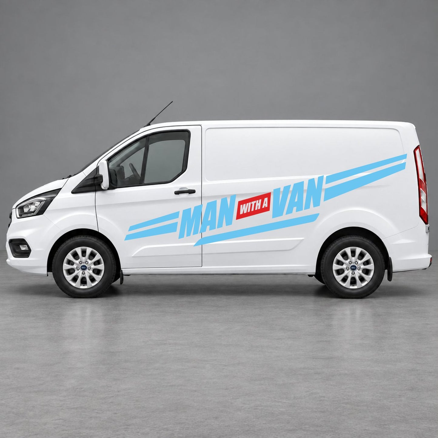 Ford Transit Custom Man with a Van Side Stripes in Light Blue & Red