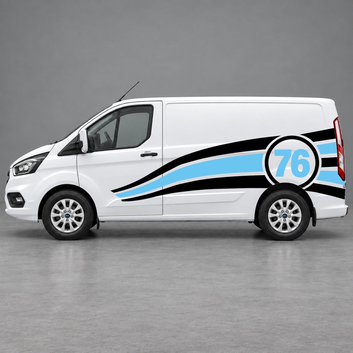 Ford Transit Custom Personalised Number 76 Racing Side Graphics in Black & Light Blue