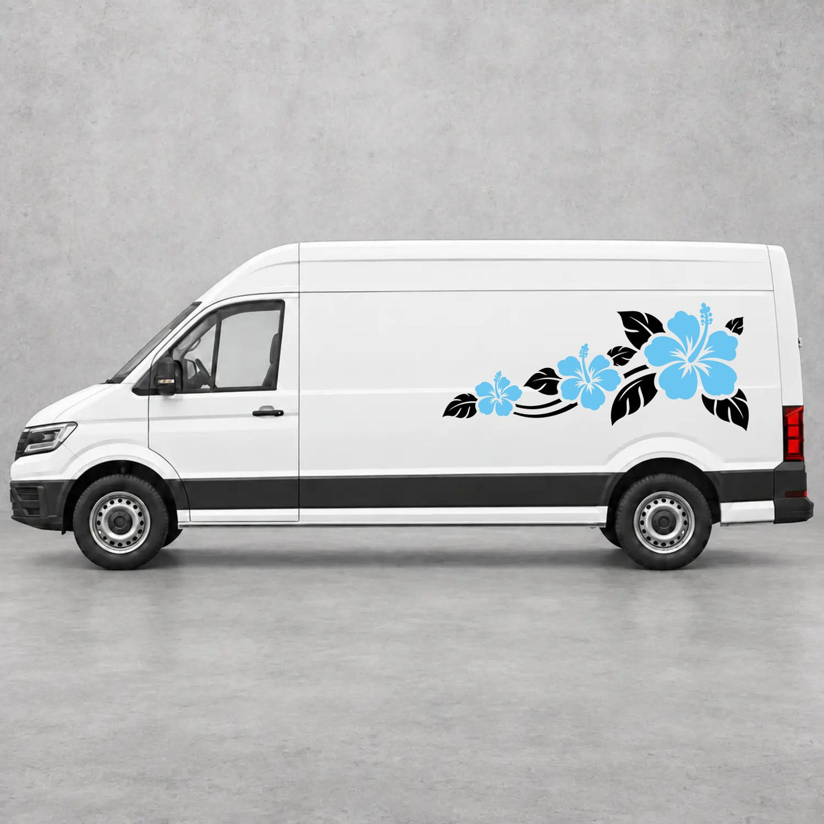 VW Crafter Hibiscus Flower Trail Side Graphics in Black & Light Blue