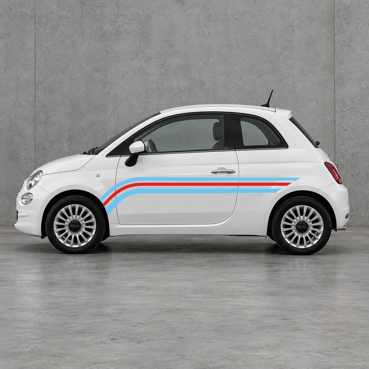 Fiat 500 Retro Triple Side Stripes Kit - Pair Supplied in Light Blue & Red