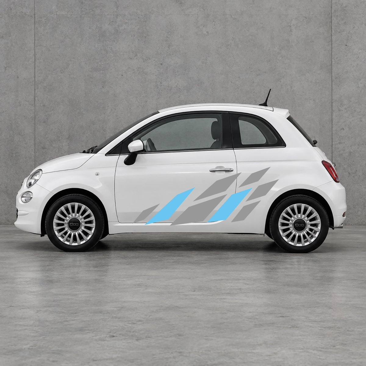 Fiat 500 Racing Flag Side Graphics Kit - Pair Supplied in Grey & Light Blue