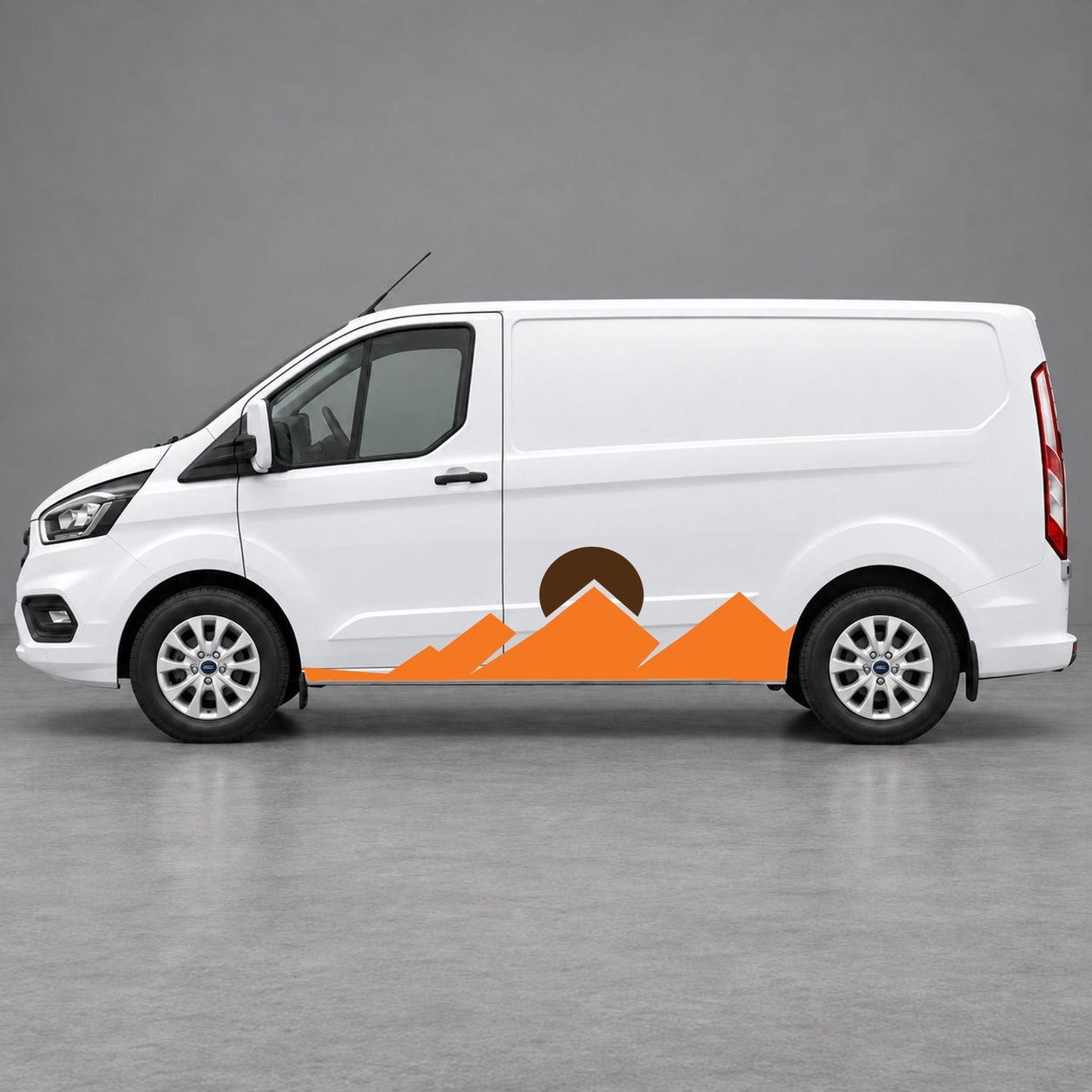 Ford Transit Custom Minimal Mountain Peak Side Graphics in Orange & Brown