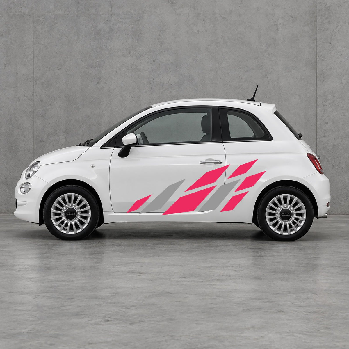 Fiat 500 Racing Flag Side Graphics Kit - Pair Supplied in Pink & Grey