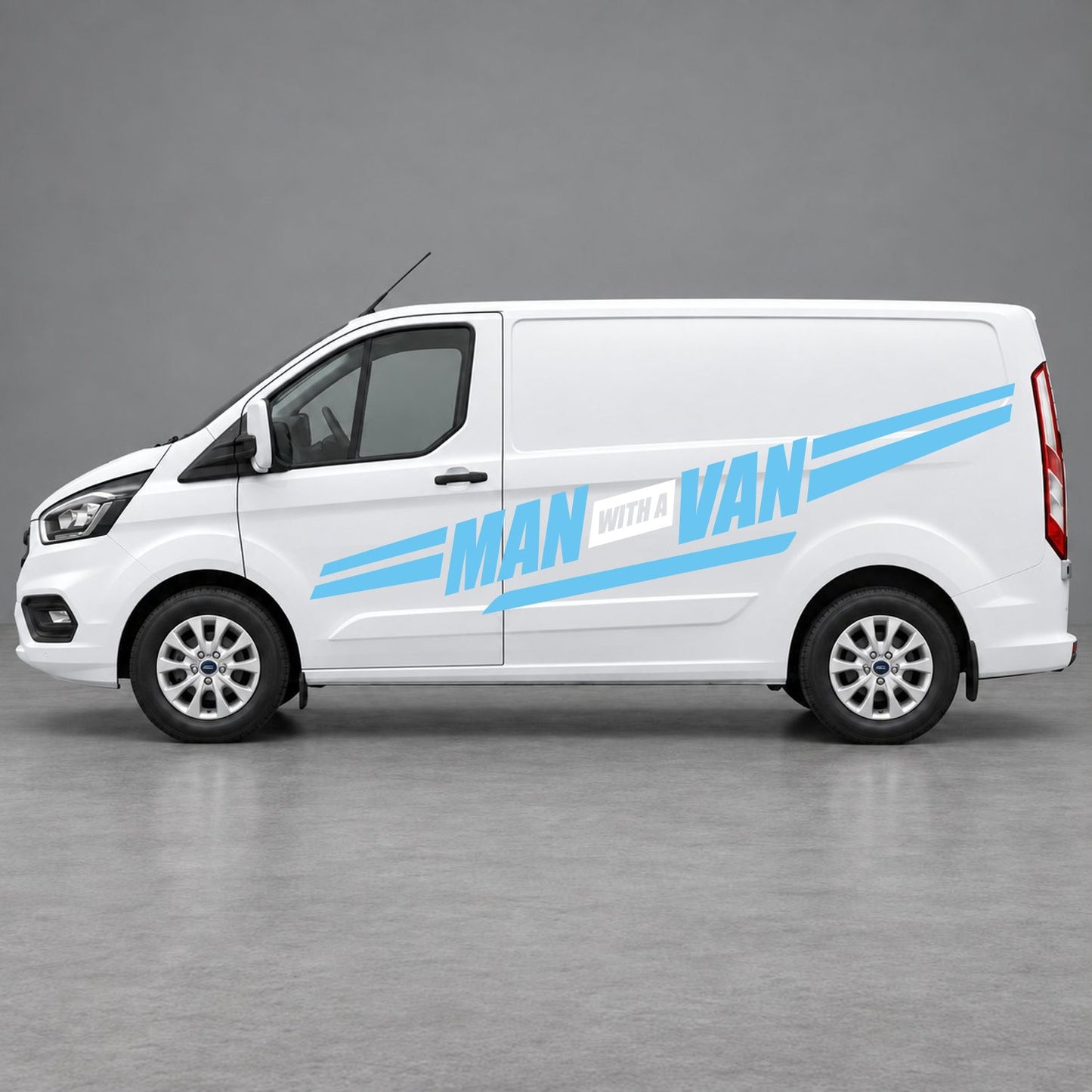 Ford Transit Custom Man with a Van Side Stripes in Light Blue & White