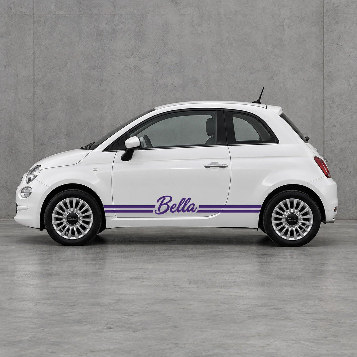 Fiat 500 Personalised Name Side Stripes Kit - Pair Supplied in Purple