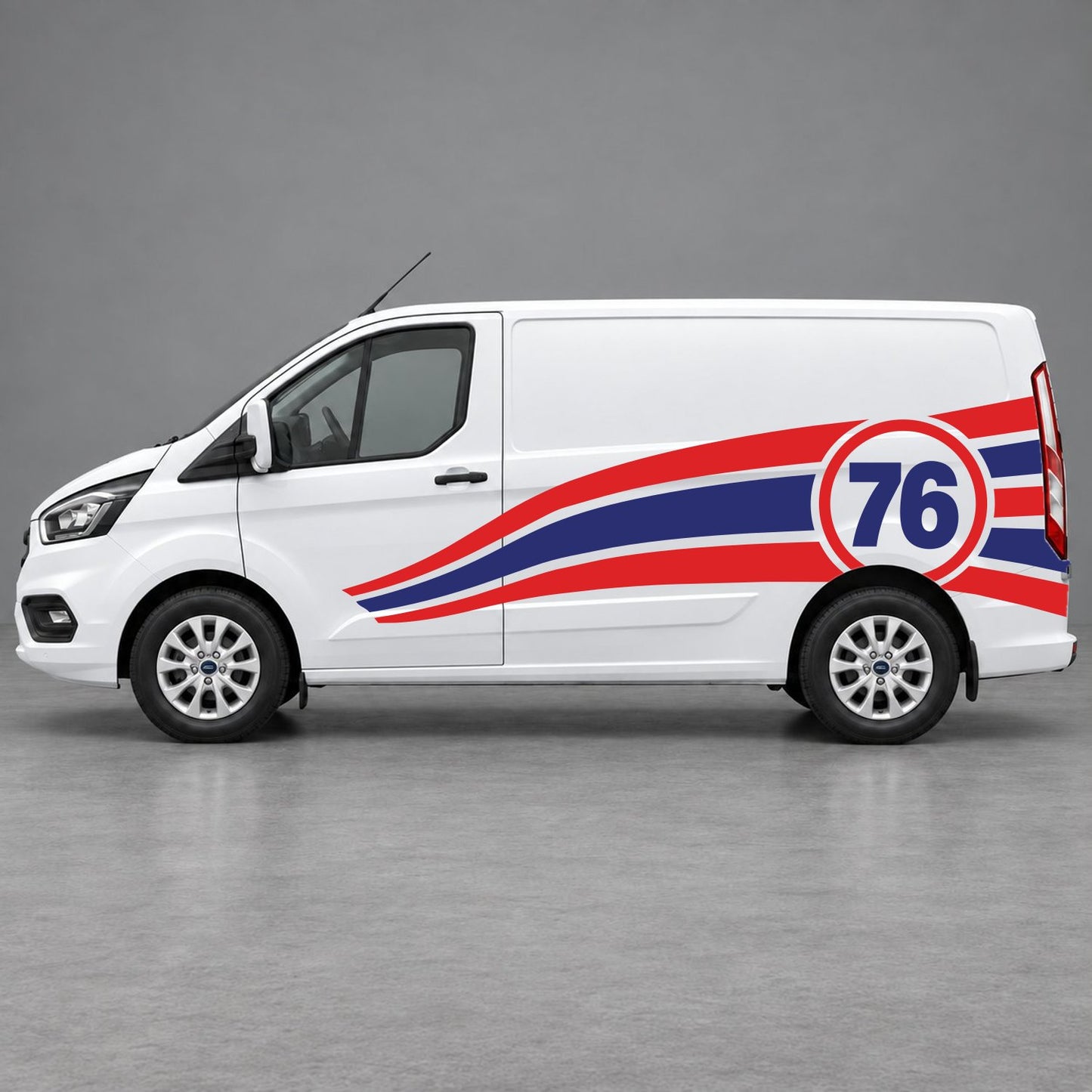 Ford Transit Custom Personalised Number 76 Racing Side Graphics in Red & Navy Blue