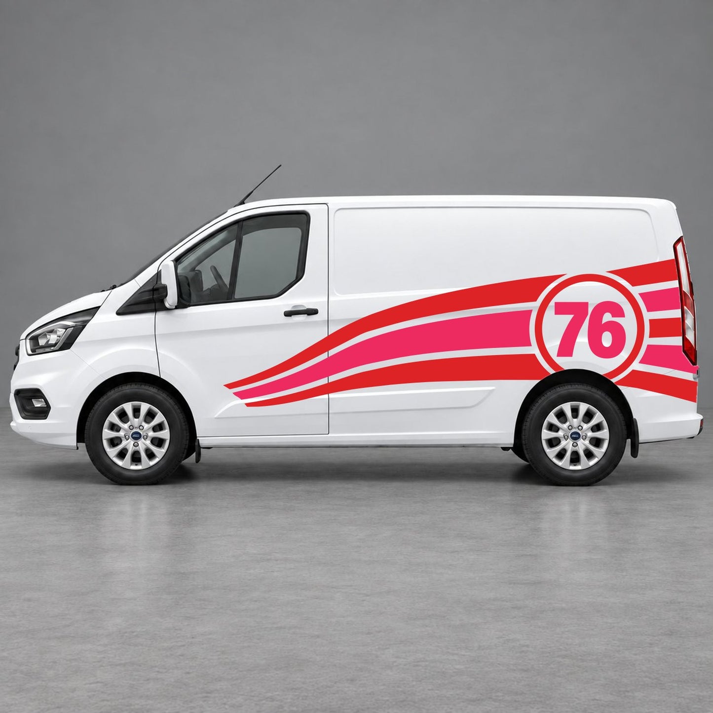 Ford Transit Custom Personalised Number 76 Racing Side Graphics in Red & Pink
