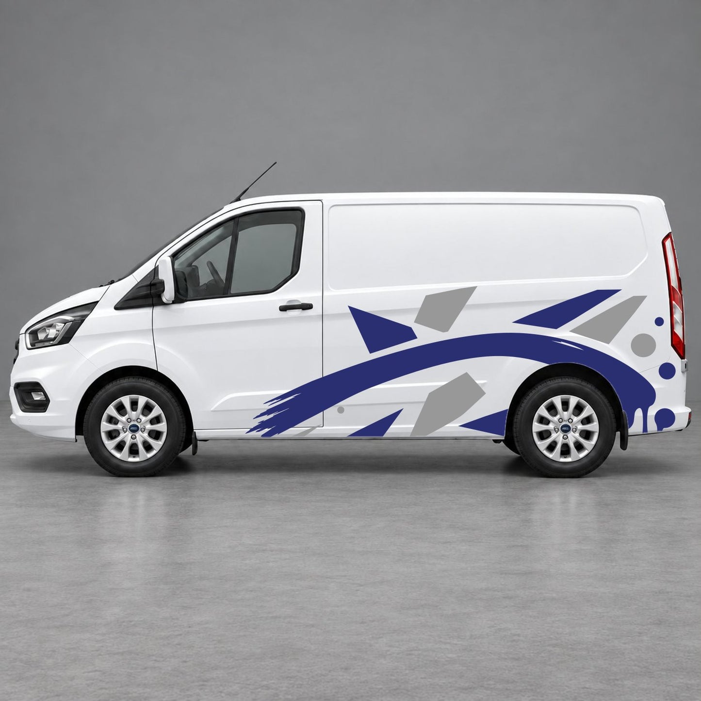 Ford Transit Custom Abstract Geometric Splash Side Graphics in Grey & Navy Blue