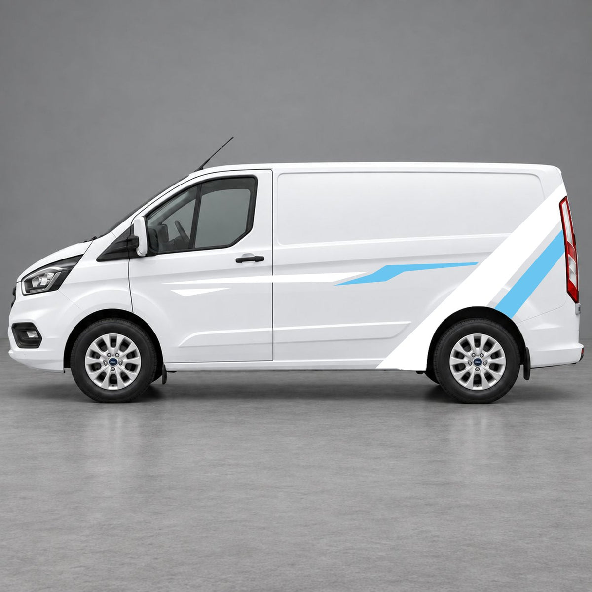 Ford Transit Custom Bold Rear Diagonal Side Stripes in White & Light Blue
