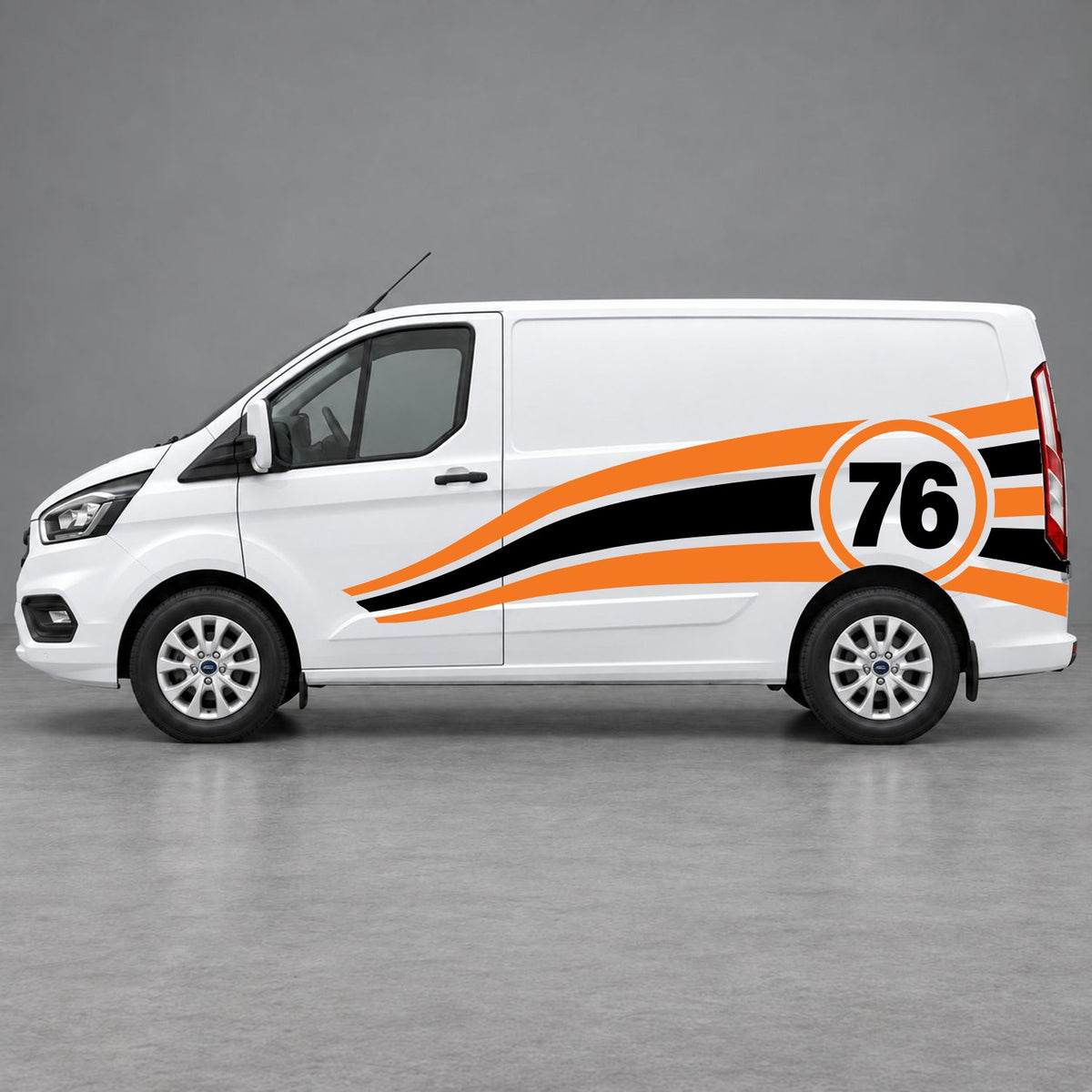Ford Transit Custom Personalised Number 76 Racing Side Graphics in Orange & Black