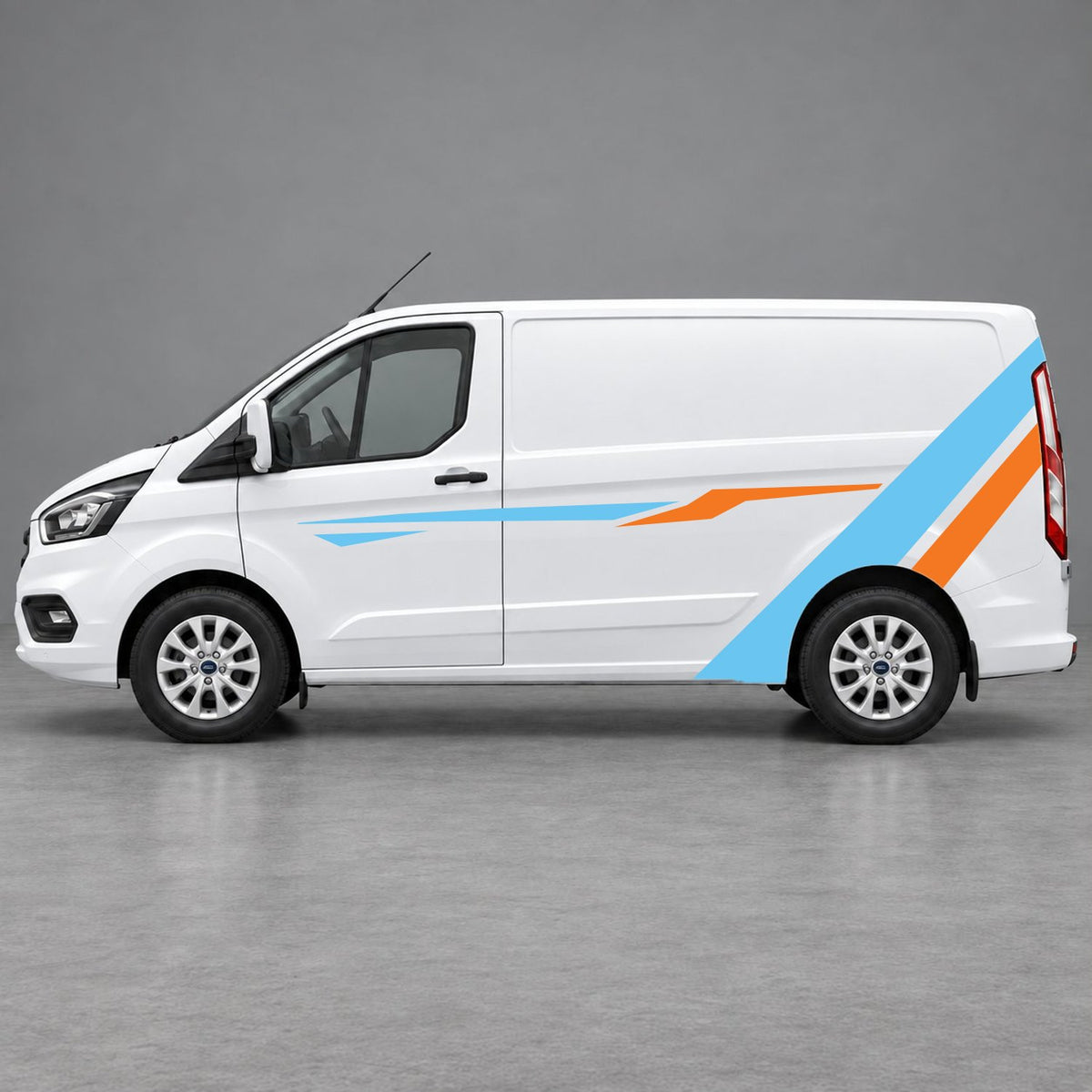 Ford Transit Custom Bold Rear Diagonal Side Stripes in Light Blue & Orange