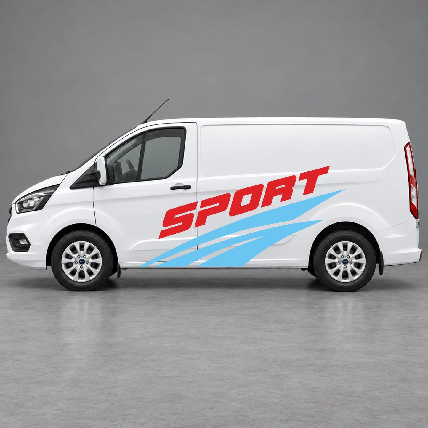 Ford Transit Custom Sport Twin Stripe Side Graphics in Light Blue & Red
