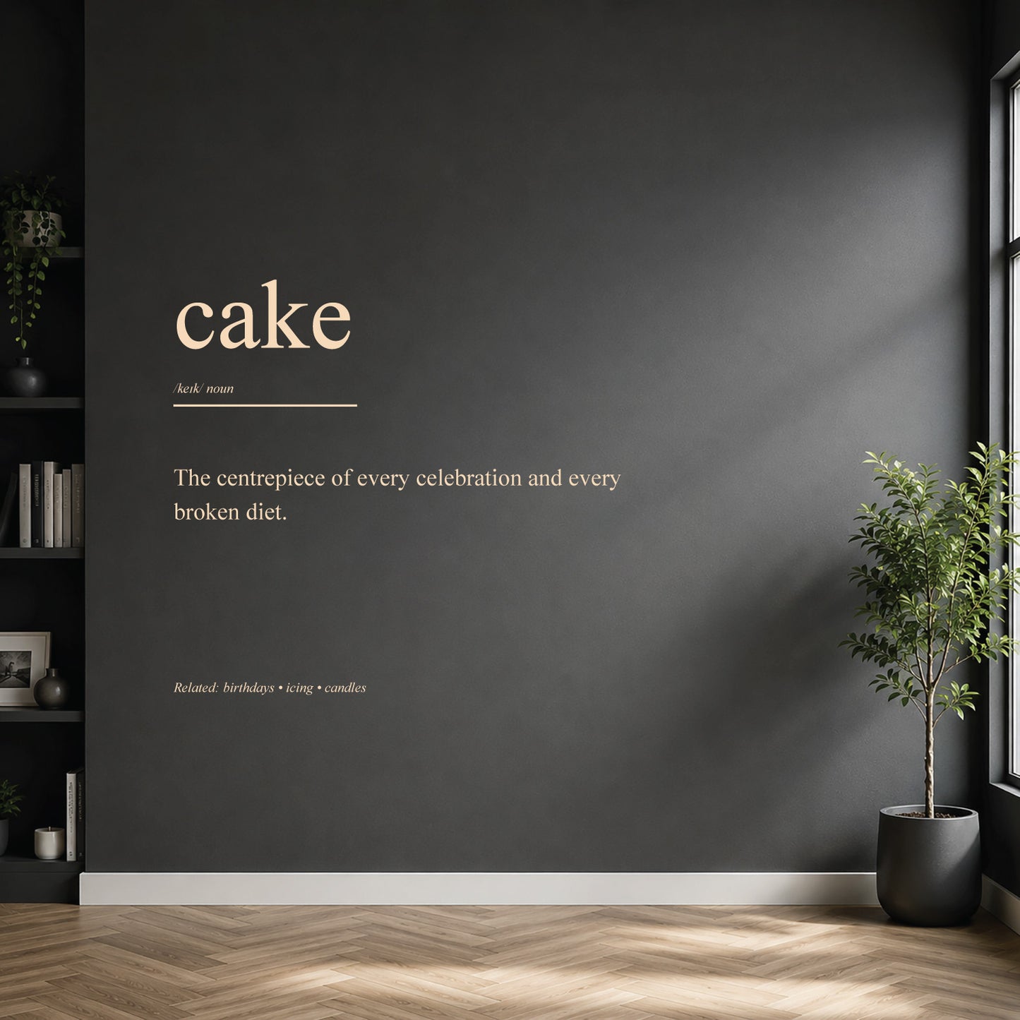 White cake dictionary definition wall sticker on a modern kitchen wall.