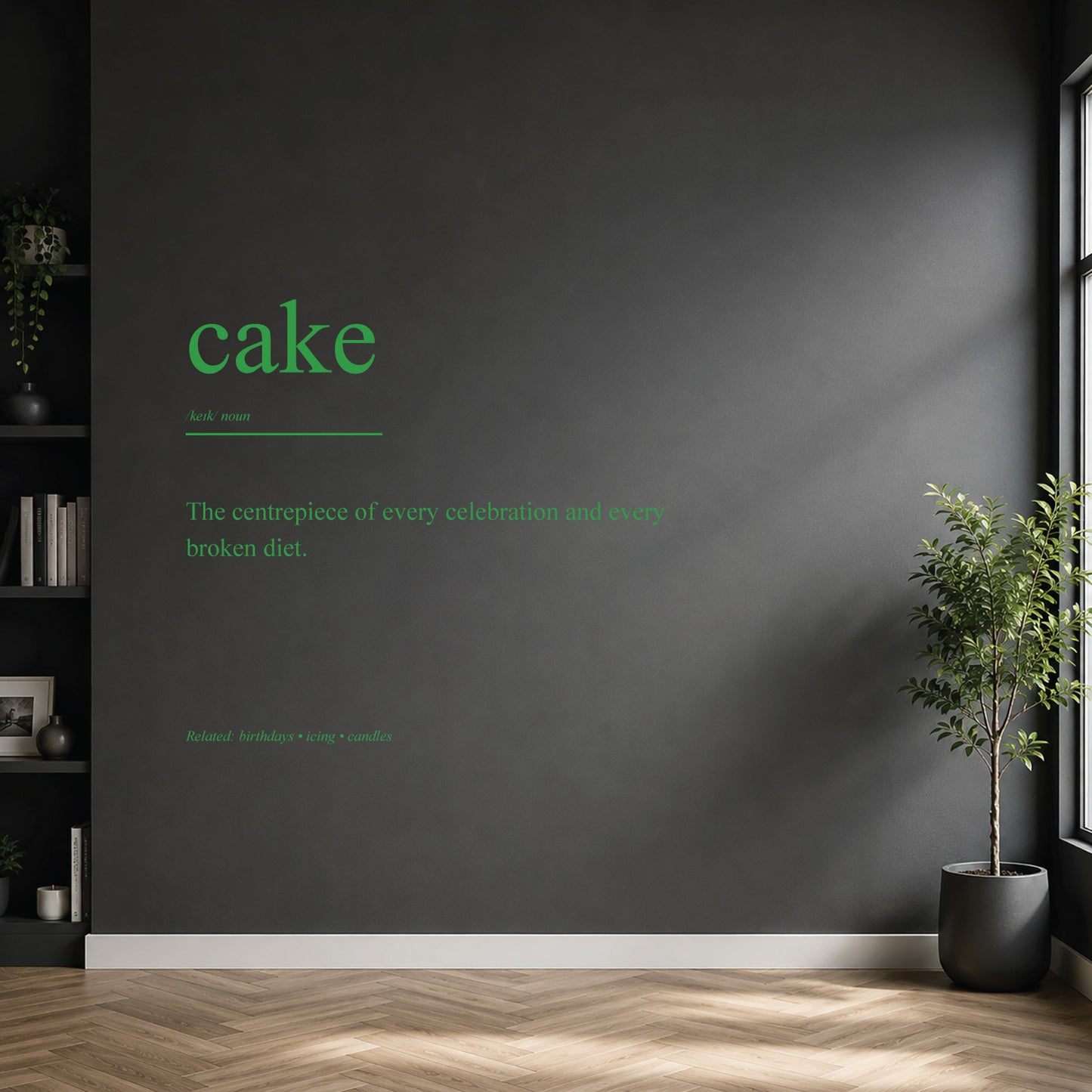 White cake dictionary definition wall sticker on a modern kitchen wall.