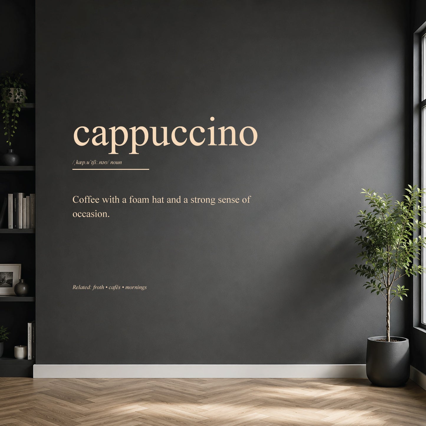 White cappuccino dictionary definition wall sticker on a modern kitchen or home bar wall.