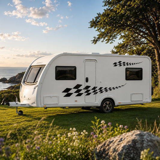 Chequered Strip Caravan Side Graphics – Caravan Vinyl Decals