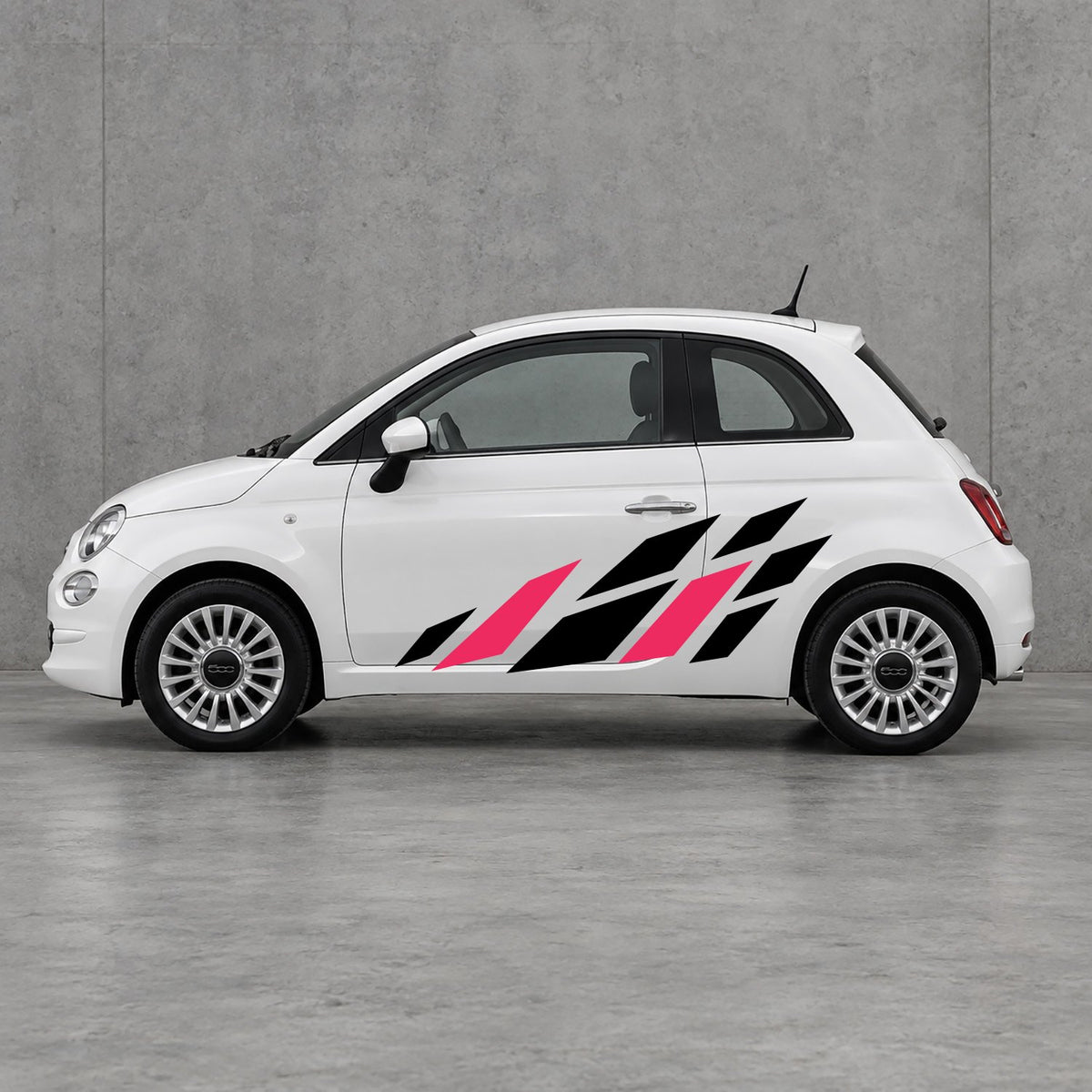 Fiat 500 Racing Flag Side Graphics Kit - Pair Supplied in Black & Pink