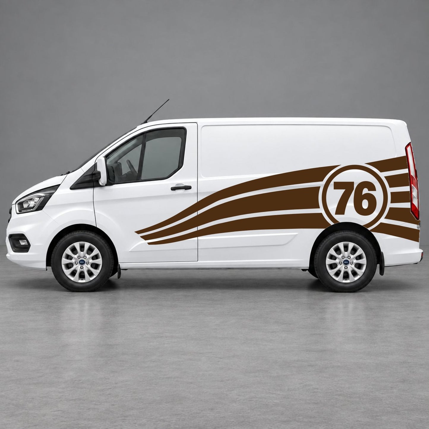 Ford Transit Custom Personalised Number 76 Racing Side Graphics in Brown & Brown