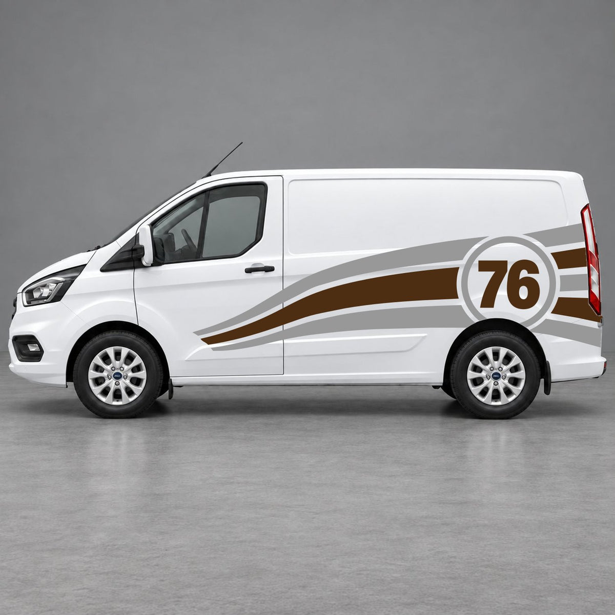 Ford Transit Custom Personalised Number 76 Racing Side Graphics in Grey & Brown