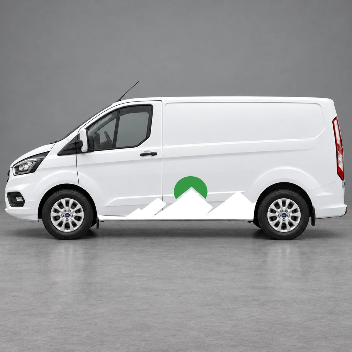 Ford Transit Custom Minimal Mountain Peak Side Graphics in White & Green