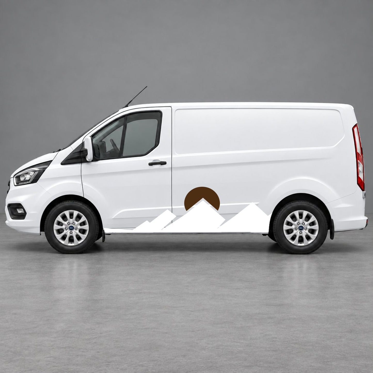 Ford Transit Custom Minimal Mountain Peak Side Graphics in White & Brown