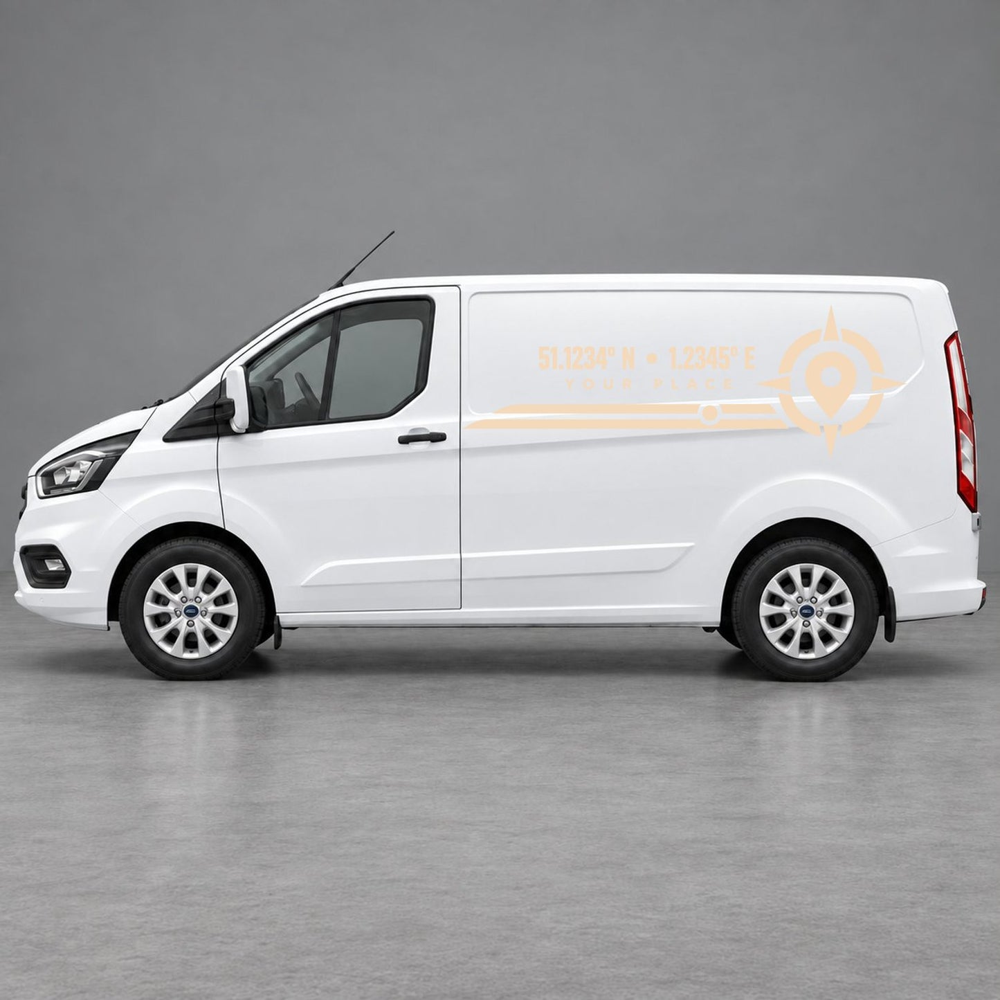 Ford Transit Custom Personalised Coordinates & Compass Side Graphics in Beige