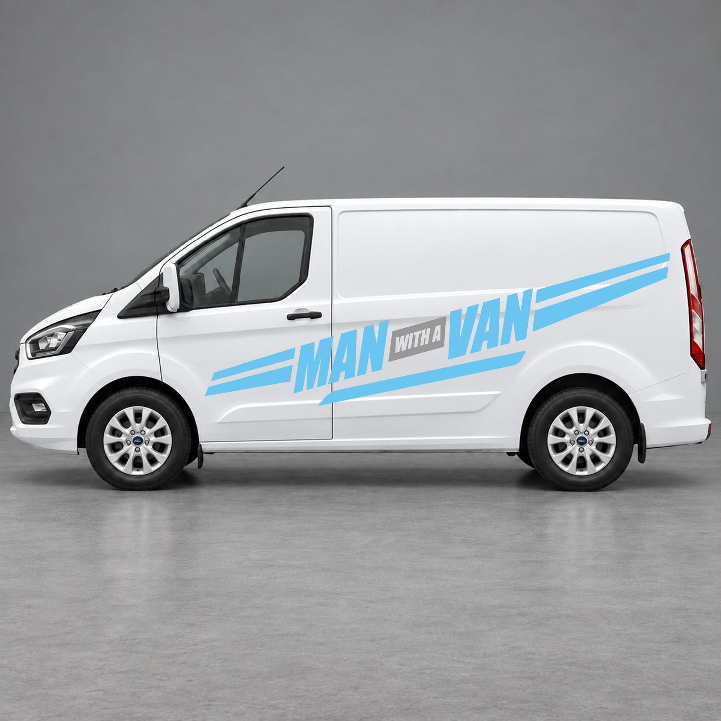 Ford Transit Custom Man with a Van Side Stripes in Light Blue & Grey