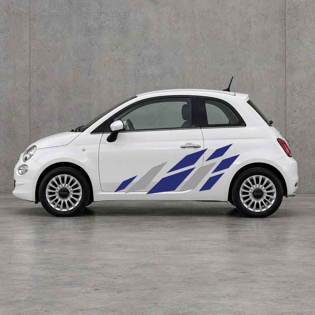 Fiat 500 Racing Flag Side Graphics Kit - Pair Supplied in Navy Blue & Grey