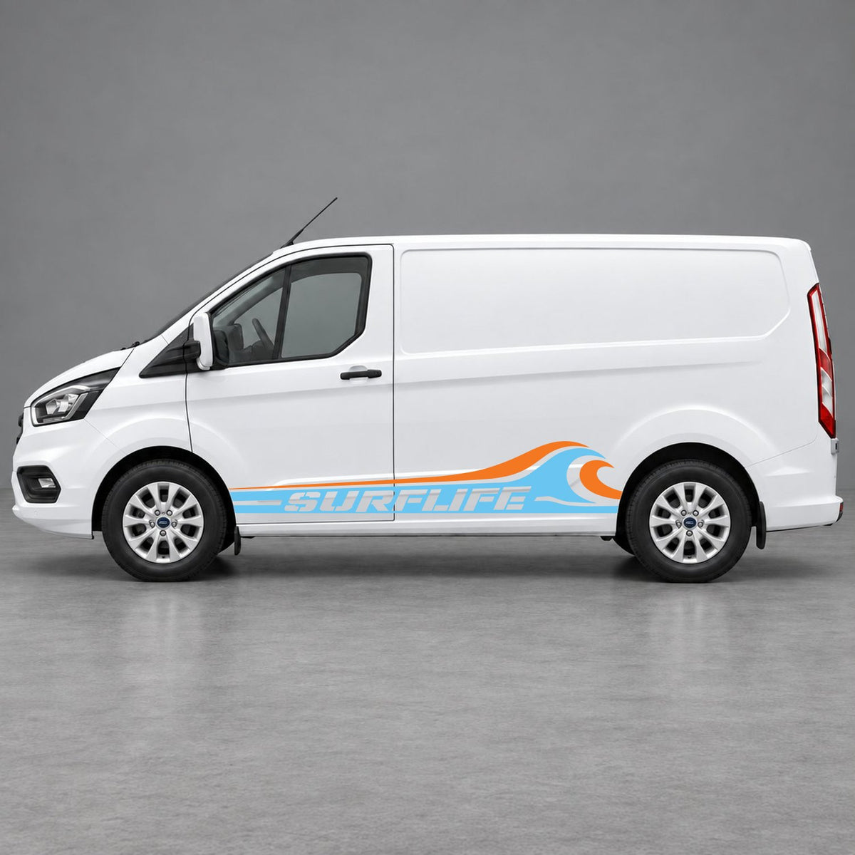 Ford Transit Custom Surflife Wave Side Stripes in Light Blue & Orange