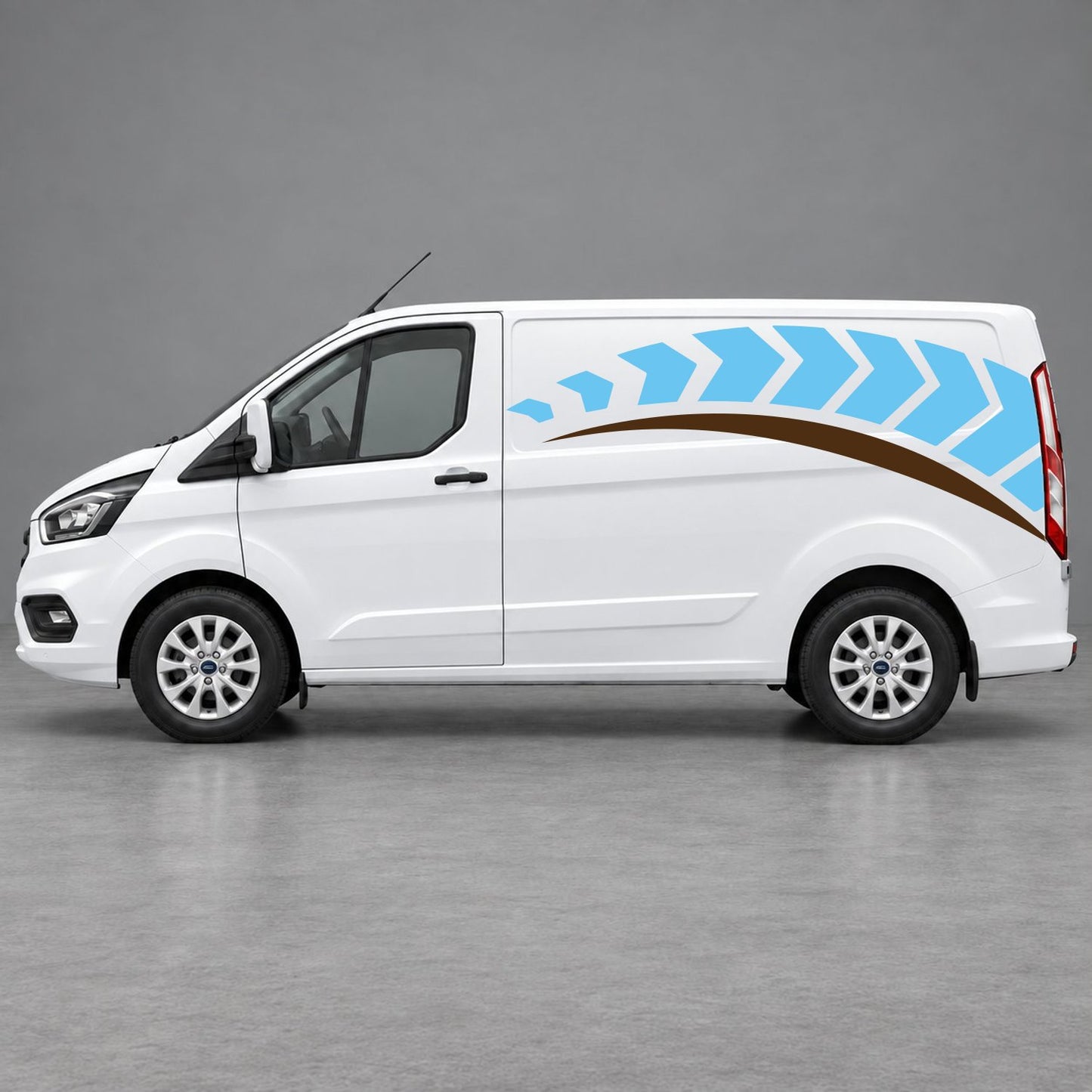 Ford Transit Custom Chevron Track Side Graphics in Light Blue & Brown