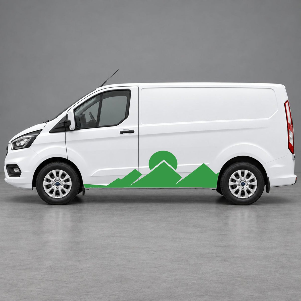 Ford Transit Custom Minimal Mountain Peak Side Graphics in Green & Green