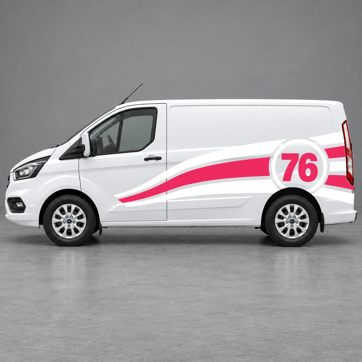 Ford Transit Custom Personalised Number 76 Racing Side Graphics in White & Pink