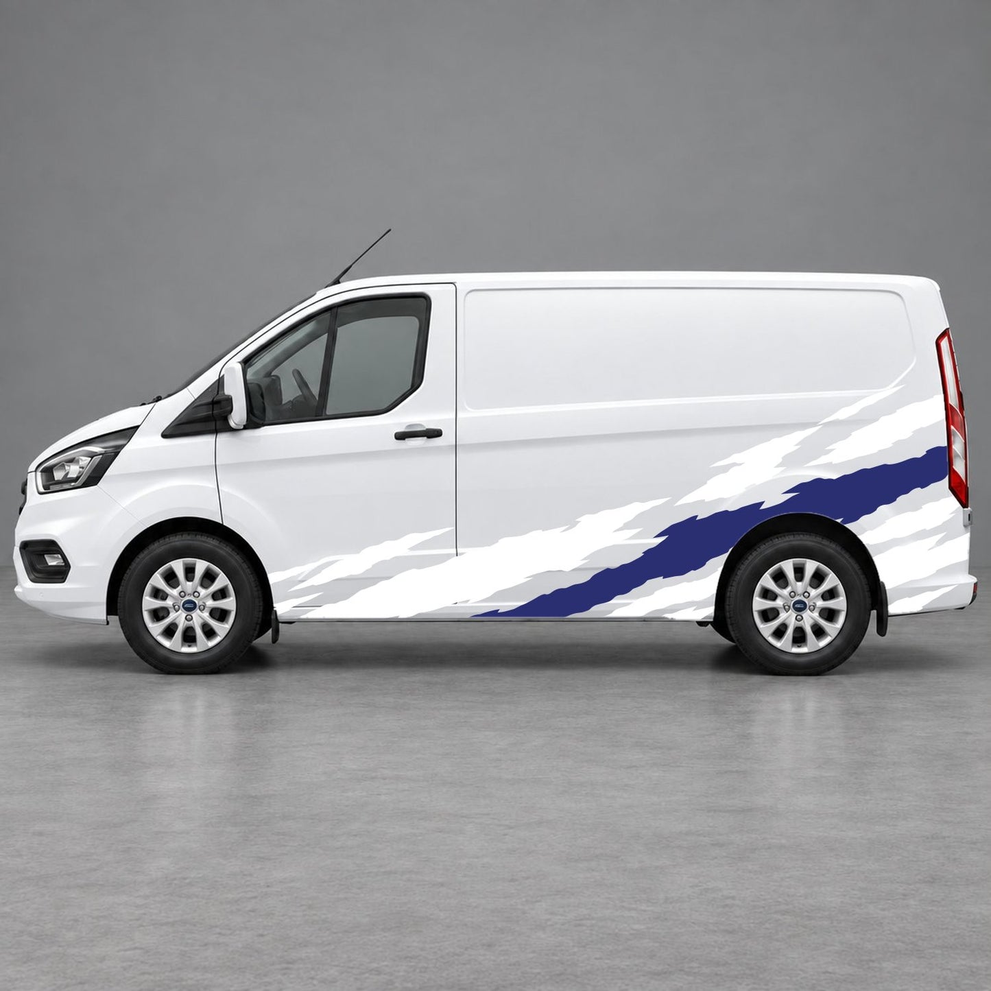 Ford Transit Custom Claw Scratch Side Graphics in White & Navy Blue