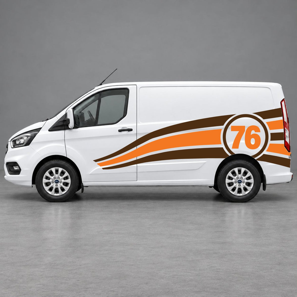 Ford Transit Custom Personalised Number 76 Racing Side Graphics in Brown & Orange