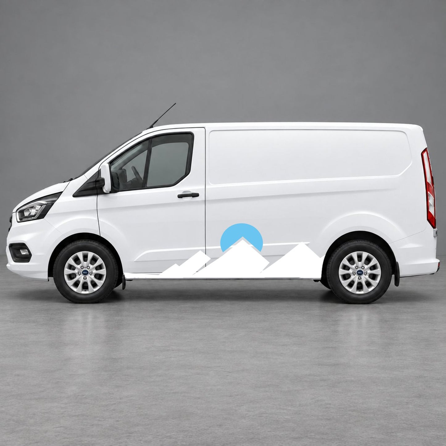 Ford Transit Custom Minimal Mountain Peak Side Graphics in White & Light Blue