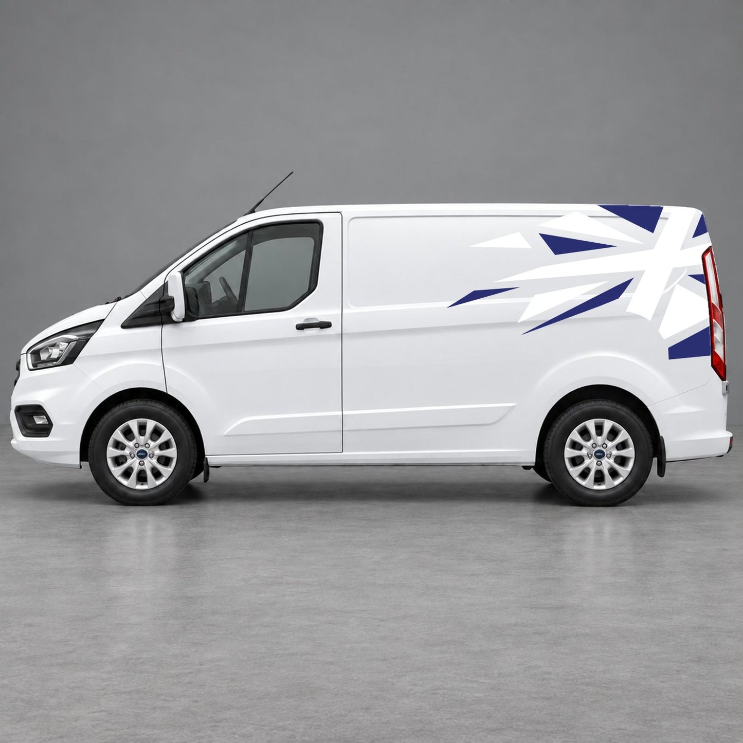 Ford Transit Custom Shattered Union Jack Side Graphics in Navy Blue & White