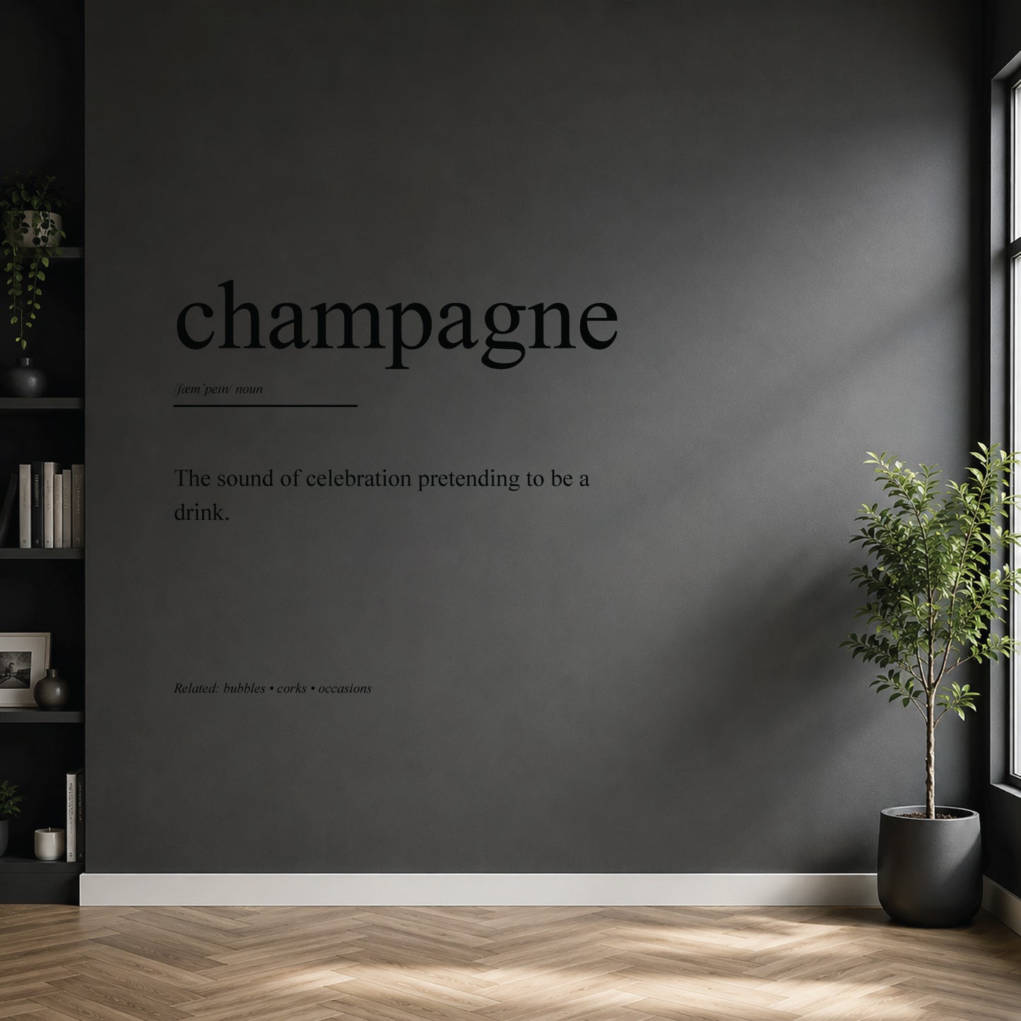 White champagne dictionary definition wall sticker on a modern kitchen or home bar wall.