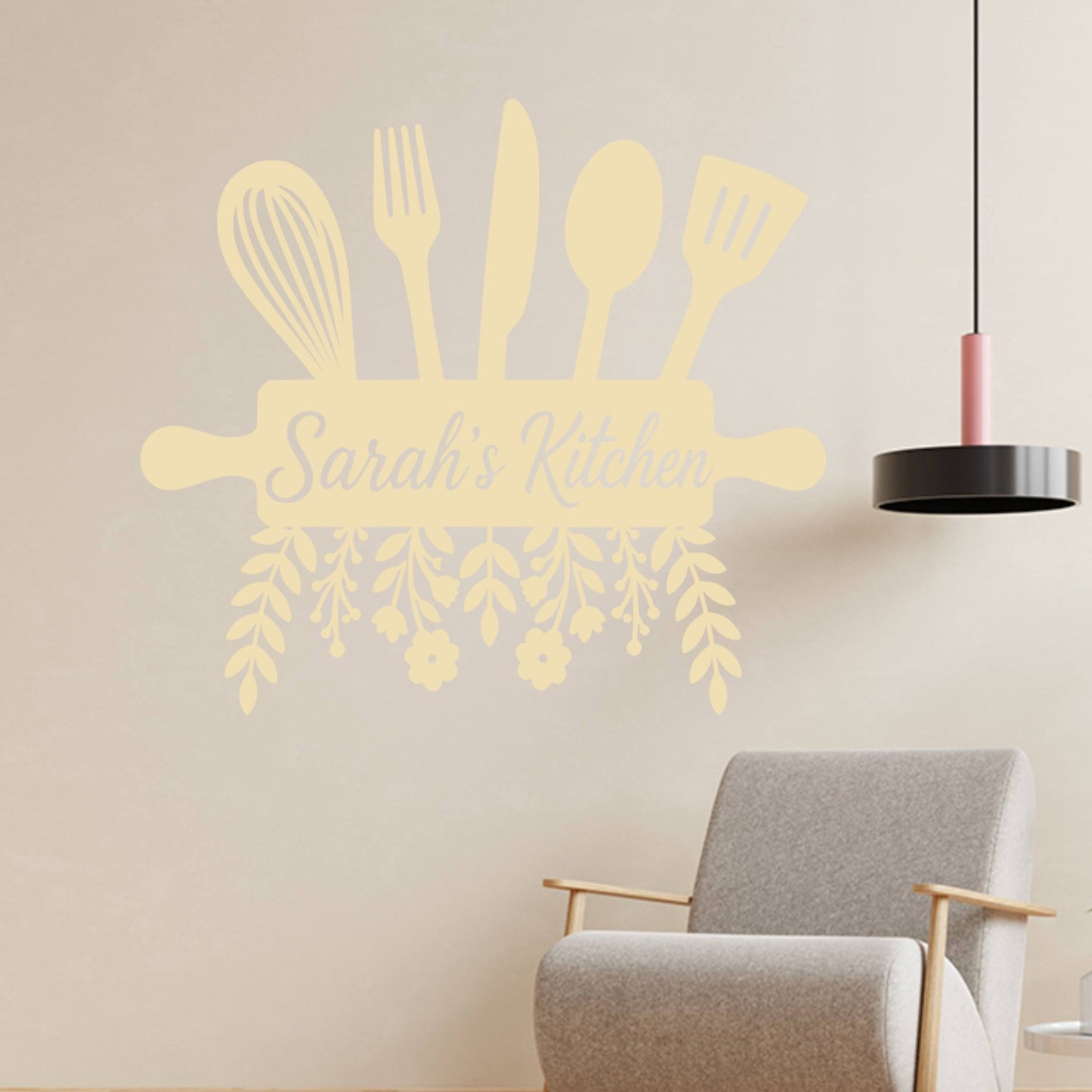 Personalised Kitchen Wall Sticker with Utensils – Custom Name Floral Kitchen Decal