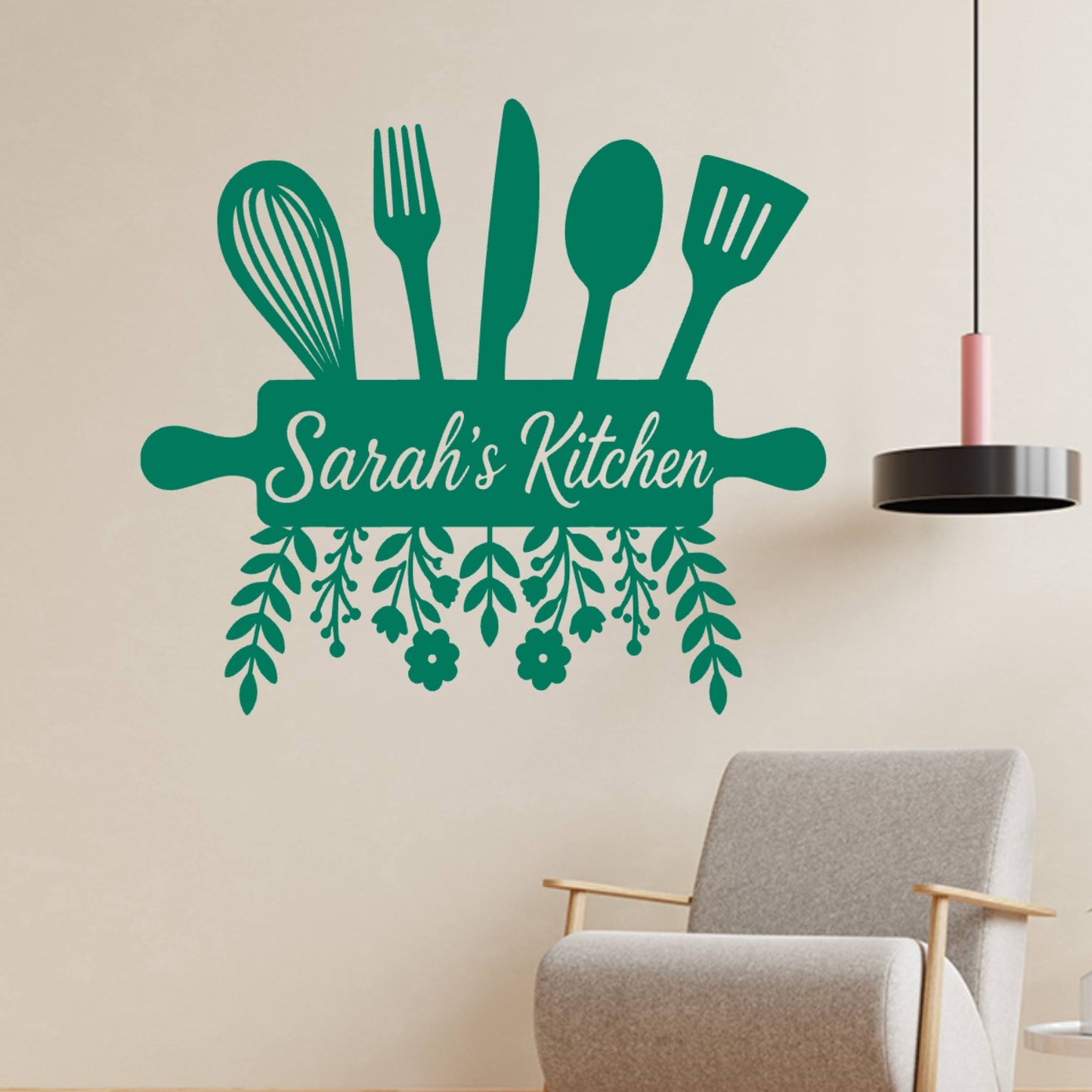 Personalised Kitchen Wall Sticker with Utensils – Custom Name Floral Kitchen Decal