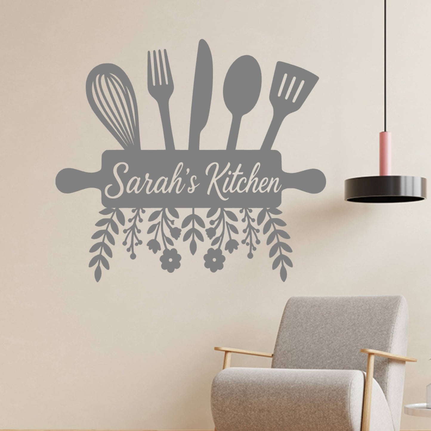 Personalised Kitchen Wall Sticker with Utensils – Custom Name Floral Kitchen Decal