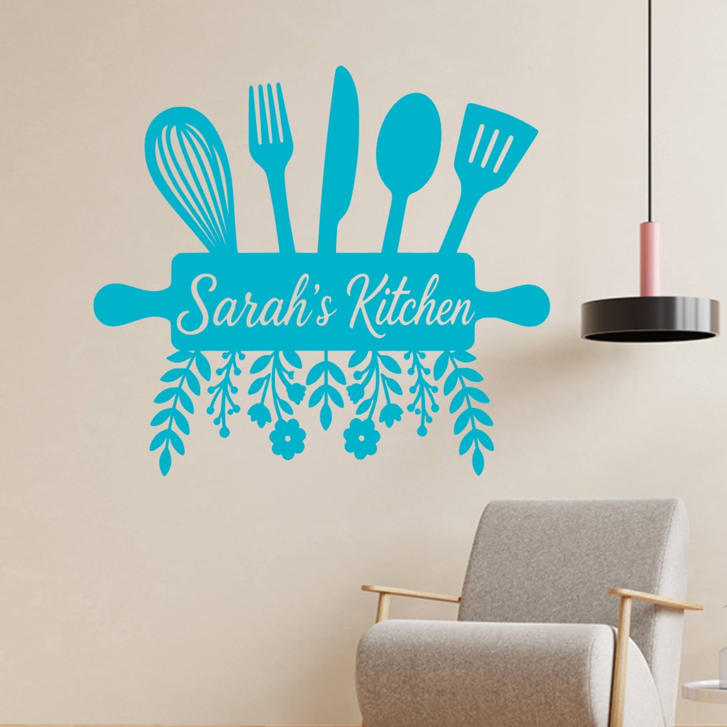 Personalised Kitchen Wall Sticker with Utensils – Custom Name Floral Kitchen Decal