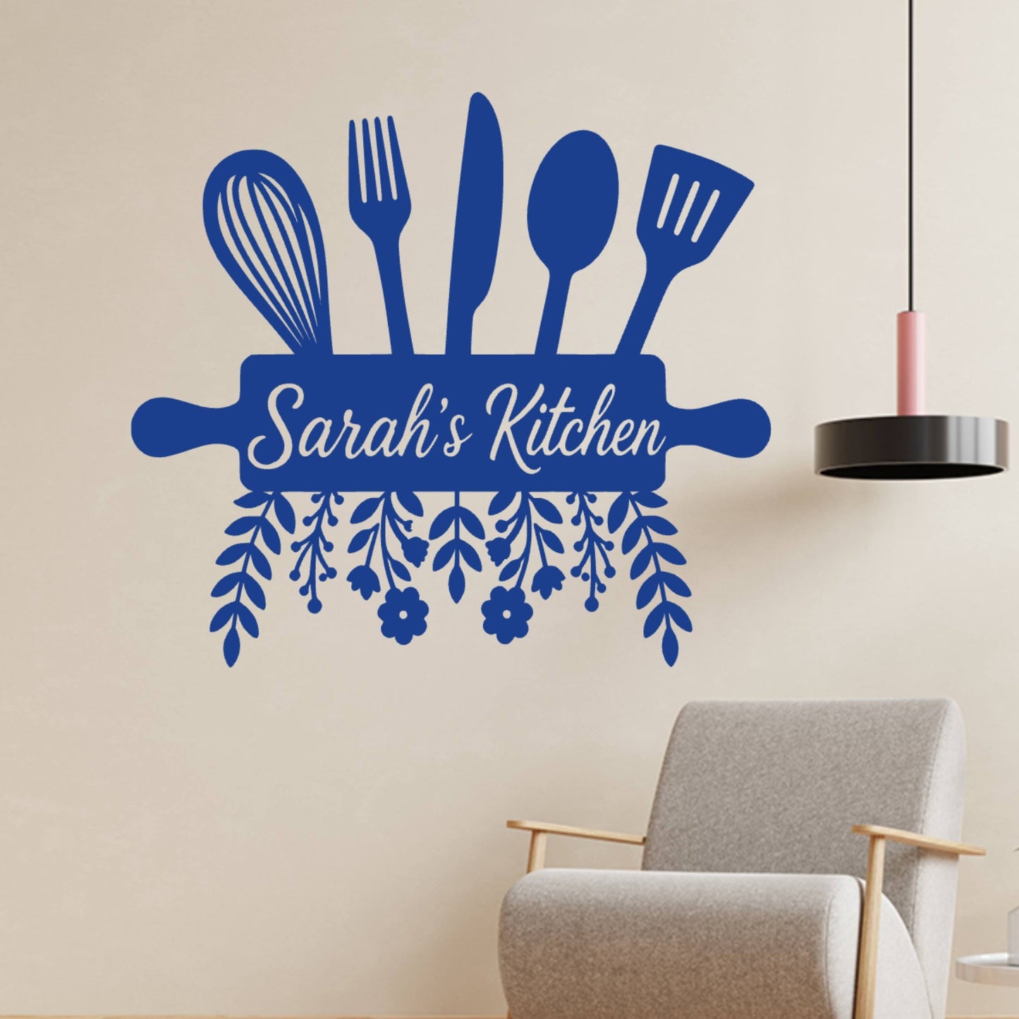 Personalised Kitchen Wall Sticker with Utensils – Custom Name Floral Kitchen Decal