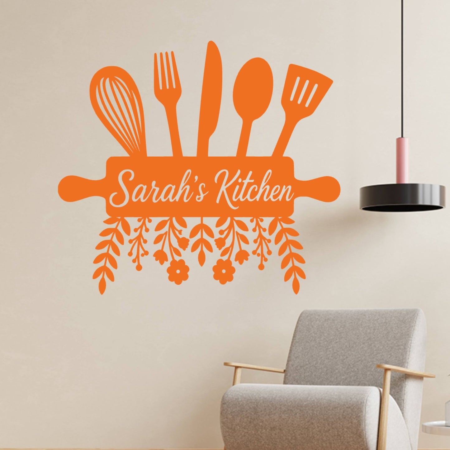 Personalised Kitchen Wall Sticker with Utensils – Custom Name Floral Kitchen Decal