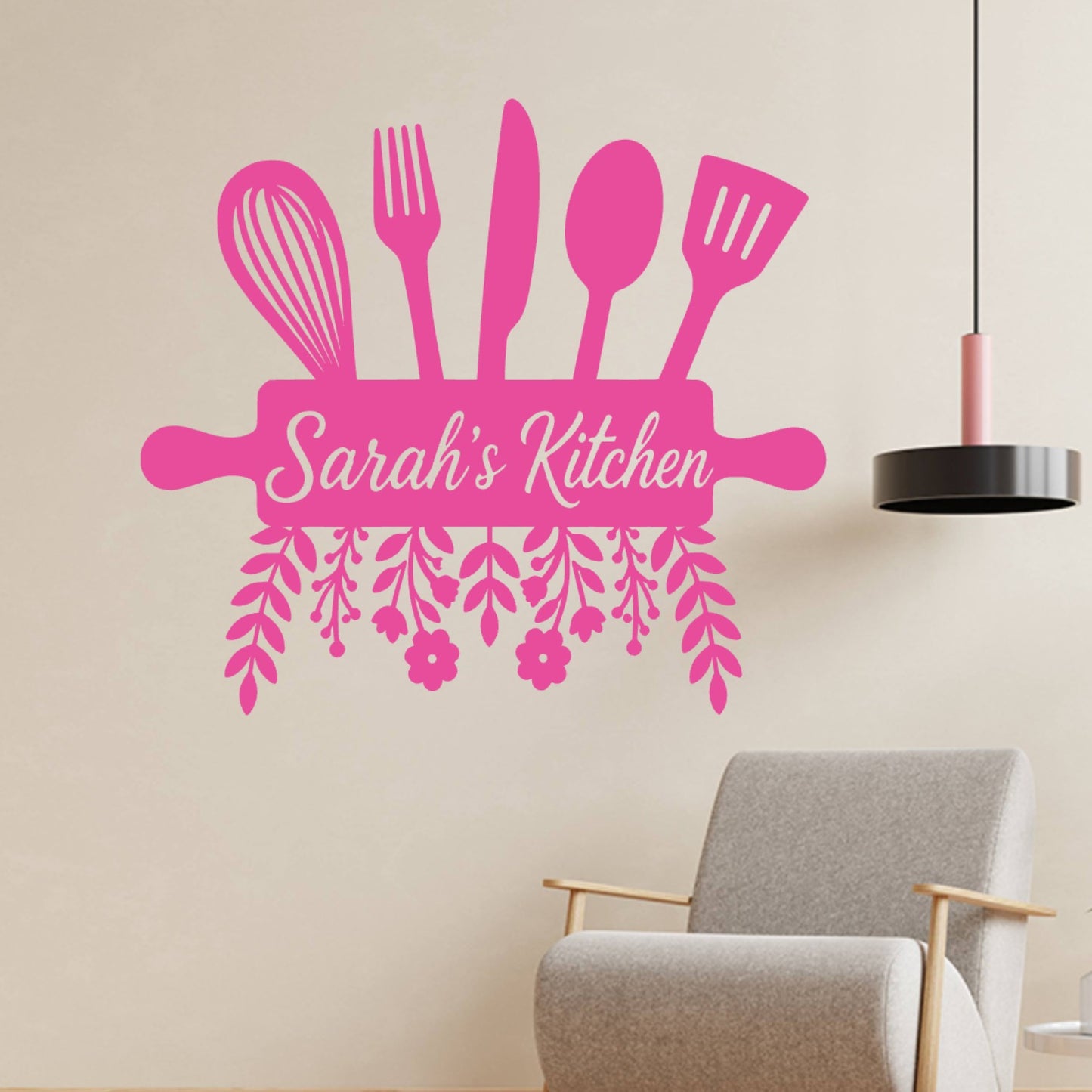 Personalised Kitchen Wall Sticker with Utensils – Custom Name Floral Kitchen Decal