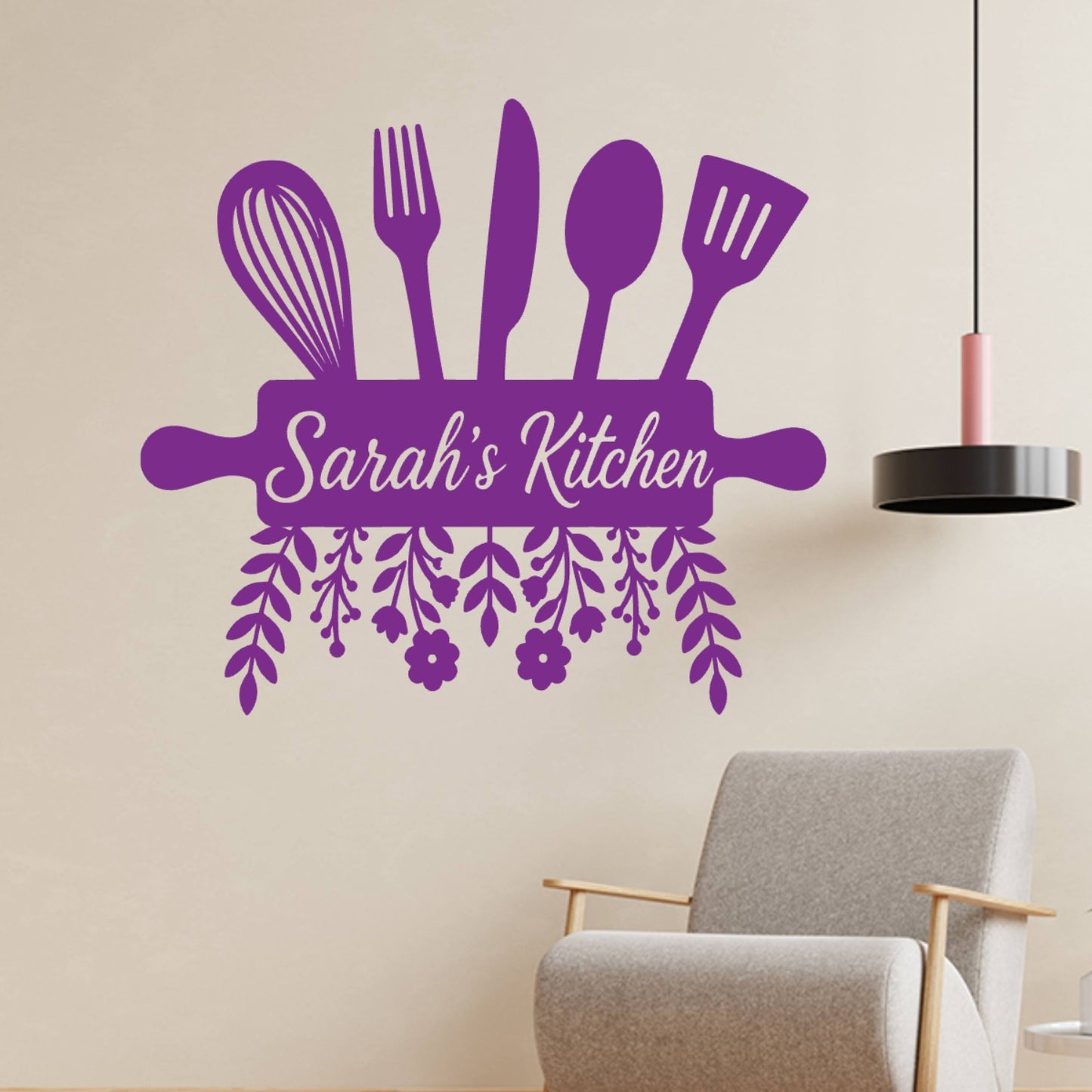 Personalised Kitchen Wall Sticker with Utensils – Custom Name Floral Kitchen Decal